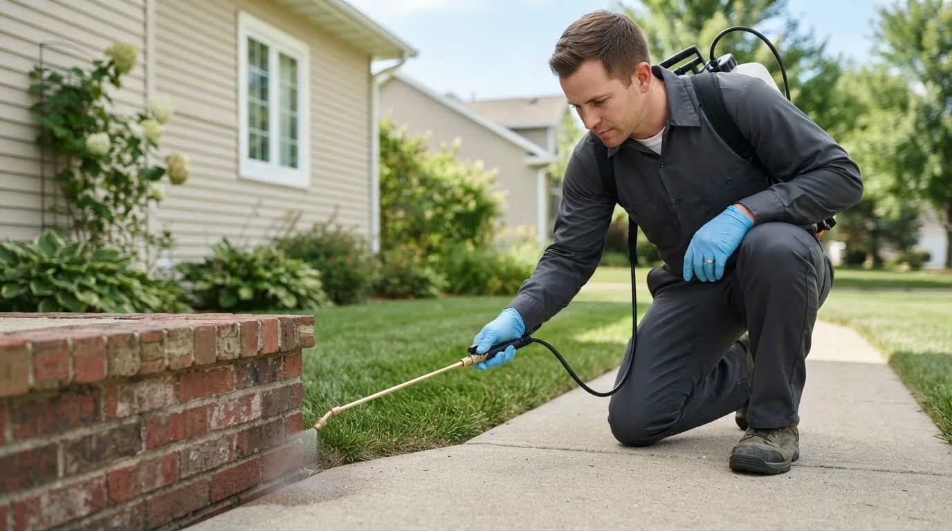 Pest control technician treating a home near Lenora, KS